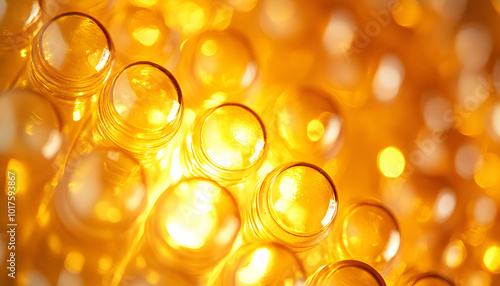 Close-up of golden capsules, with blurred background.