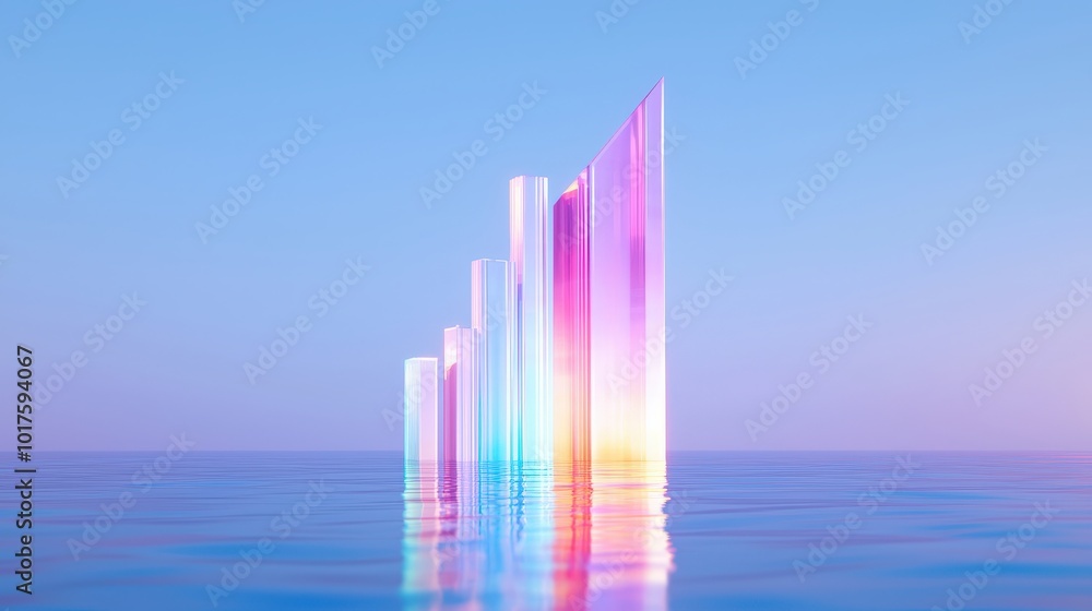 Fototapeta premium Abstract Glass Skyscrapers Reflection in Calm Ocean Water Minimalist Architecture Desig