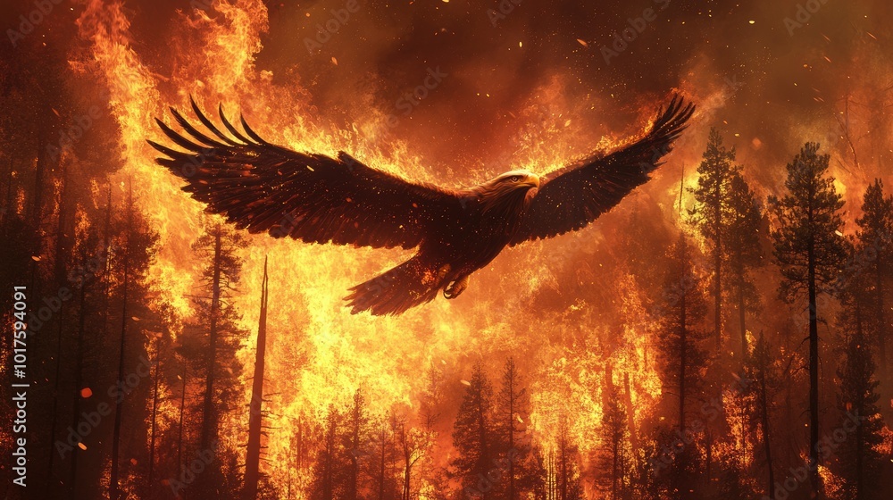 Fototapeta premium An eagle soars away from a forest fire, its wings spread wide as flames engulf the trees in the background, symbolizing survival.