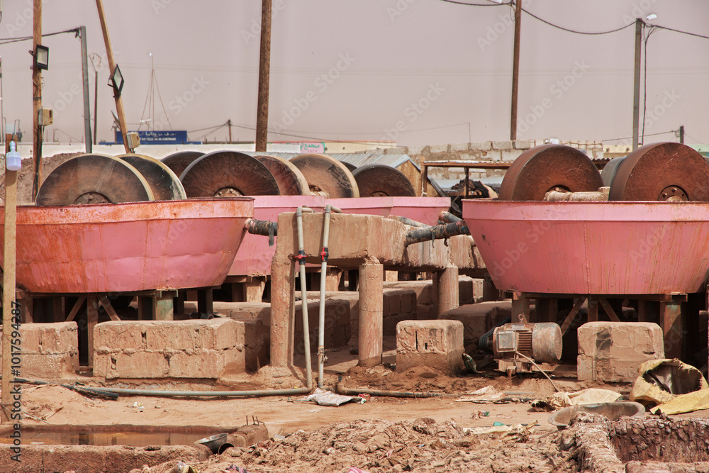 Nouakchott, Mauritania - 06 Jan 2022: Factory next to a gold mine in Sahara desert not far Nouakchott, Mauritania, West Africa Nouakchott, Mauritania - 06 Jan 2022: Factory next to a gold mine in Sahara desert not far Nouakchott, Mauritania, West Africa