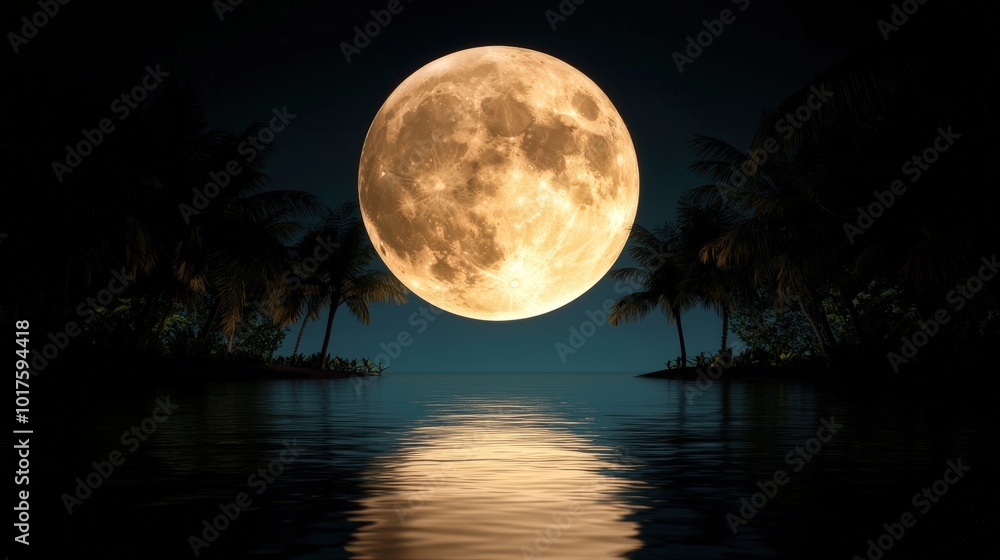 Full Moon Reflection on Tropical Lake with Silhouetted Palm Trees Full Moon Reflection on Tropical Lake with Silhouetted Palm Trees
