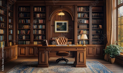 Elegant Study Room with Wooden Desk, Bookshelves, and Armchair in a Cozy Home Library Setting, Bright Lighting, Classic Decor, and a Serene Atmosphere for Reading and Concentration, generative ai
 photo