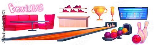 Bowling club interior elements. Cartoon vector set of indoor game and leisure objects - alley with skittles, balls and tournament scoreboard screen, counter and player shoe on rack, winner cups.