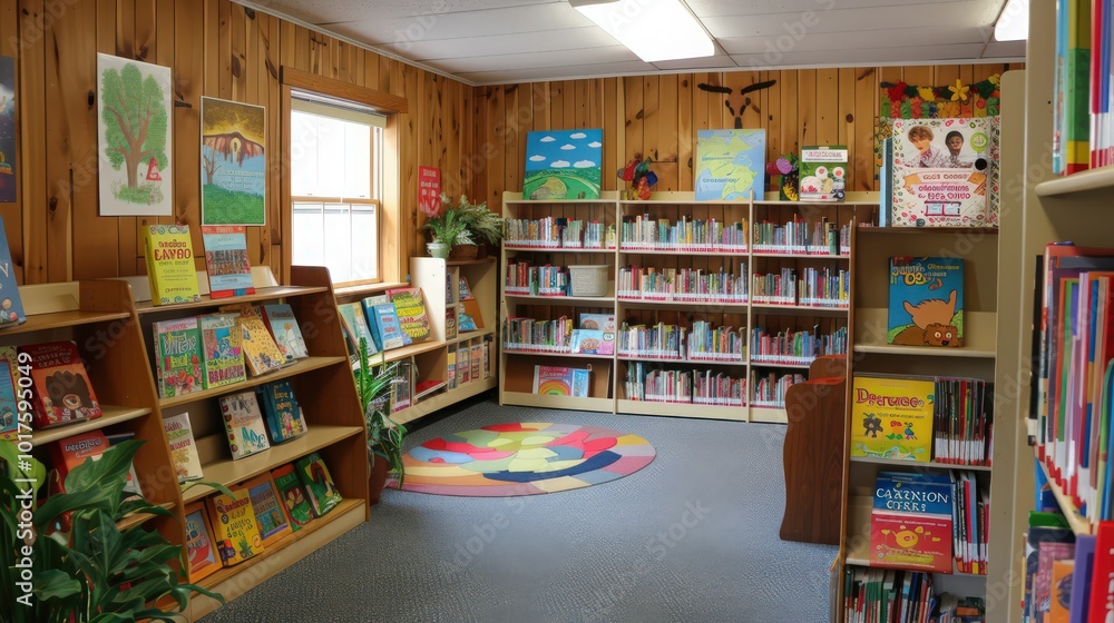 A small community library with colorful children's books, storytime sessions, and a friendly librarian assisting patrons A small community library with colorful children's books, storytime sessions, and a friendly librarian assisting patrons