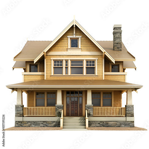 Charming vintage house with a welcoming porch and unique architectural features. Isolated on transparent or white background.