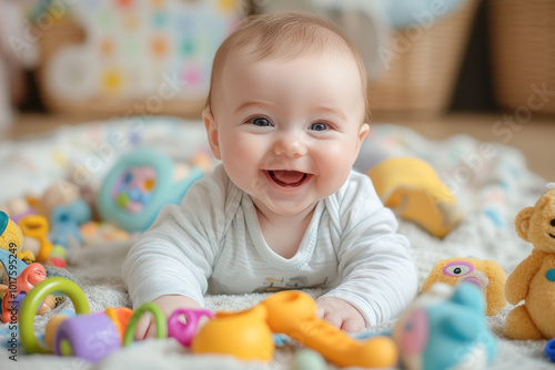 Adorable baby laughing while playing with toys