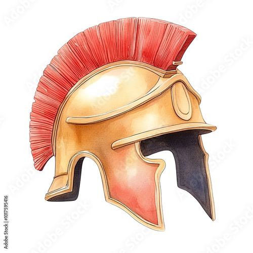 Gold and red Roman gladiator helmet, isolated on transparent or white background. photo