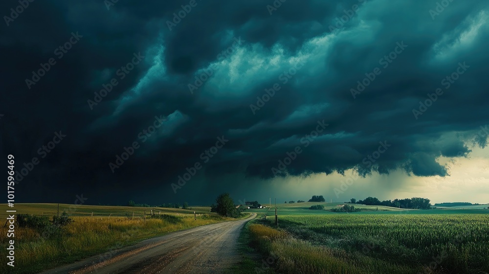 Dark, heavy clouds gather over a rural road and farm fields, signaling an incoming storm that sweeps across the vast landscape. Dark, heavy clouds gather over a rural road and farm fields, signaling an incoming storm that sweeps across the vast landscape.