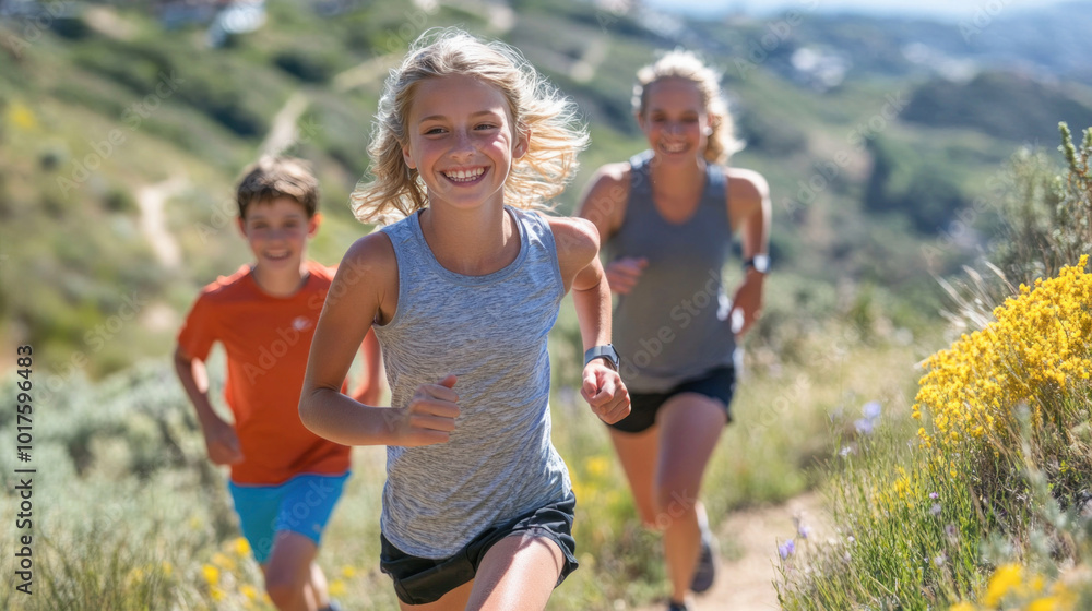Happy family running on trail in the mountains having fun Happy family running on trail in the mountains having fun