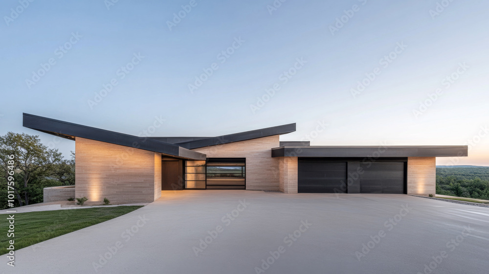 Modern architectural residence at dusk showcasing elegant design and landscape integration Modern architectural residence at dusk showcasing elegant design and landscape integration