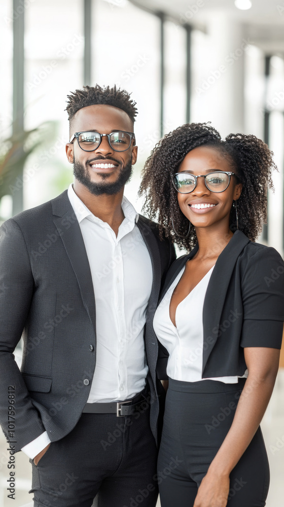 Smiling business couple in a modern office setting. Smiling business couple in a modern office setting.