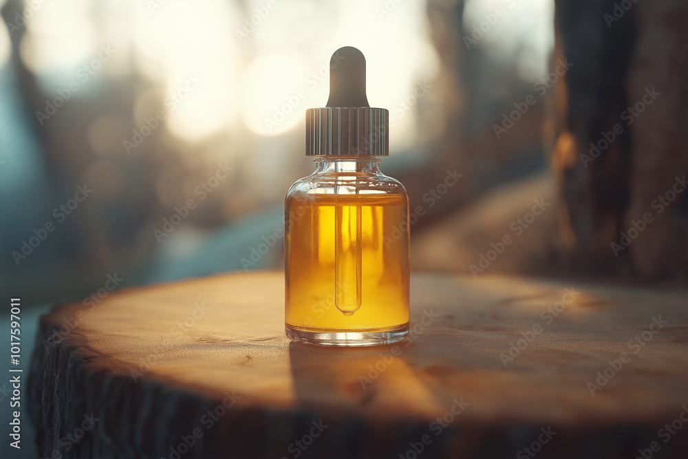 Bottle of cosmetic essential oil with a dropper, placed on a wood cut close-up, with hard light casting shadows. Beauty concept emphasizing serum skin care products. Bottle of cosmetic essential oil with a dropper, placed on a wood cut close-up, with hard light casting shadows. Beauty concept emphasizing serum skin care products.