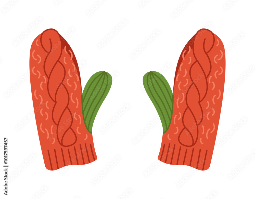 Pair of craft woolen winter mittens with green thumbs flat color vector object. Handmade cold weather accessories illustration on white Pair of craft woolen winter mittens with green thumbs flat color vector object. Handmade cold weather accessories illustration on white