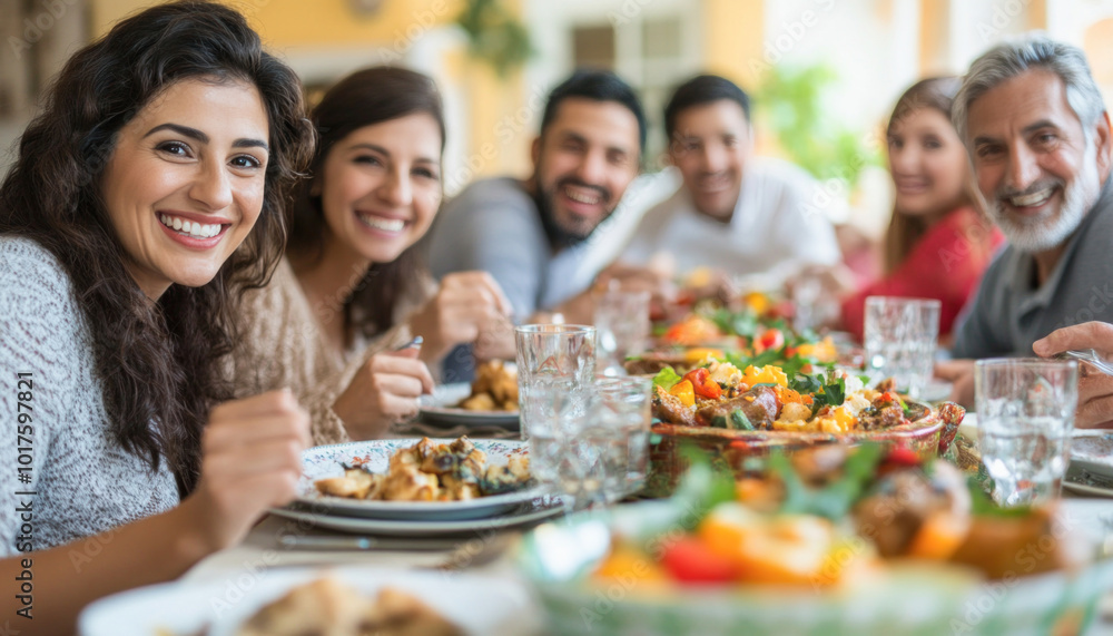 Happy family smiling and having dinner together at home Happy family smiling and having dinner together at home