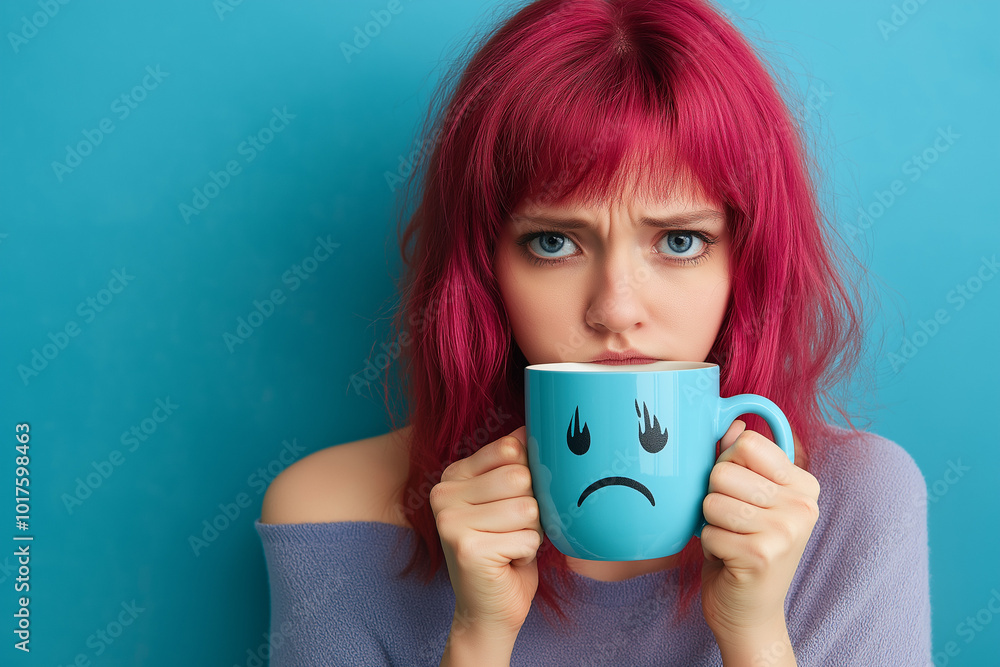 Girl holding a blue mug with a sad smiley face, looking down with a sad expression, symbolizing the mood of Blue Monday Girl holding a blue mug with a sad smiley face, looking down with a sad expression, symbolizing the mood of Blue Monday