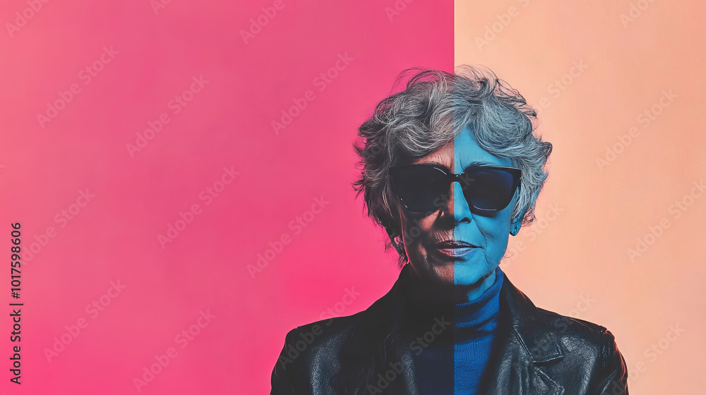 A senior woman with gray hair poses in front of a colorful background, her face is half blue and half her natural skin tone. A senior woman with gray hair poses in front of a colorful background, her face is half blue and half her natural skin tone.