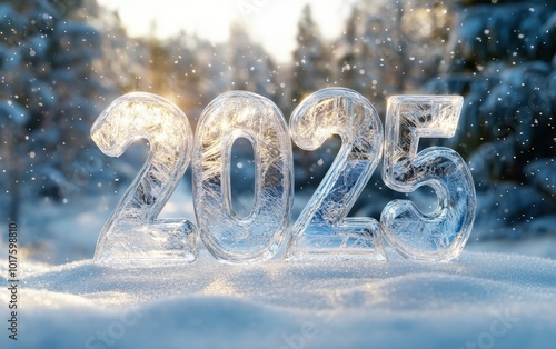 The numbers "2025" formed out of transparent glass on a snowy background, with light reflections and a gentle overlay of frost, creating a sleek and modern winter look 