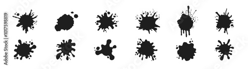 Black dripping ink. Blotter spots, liquid paint drip drop splash and ink splatter. Grunge liquid paint splashes and stains.