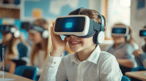 School boy use VR headphones technology for learning