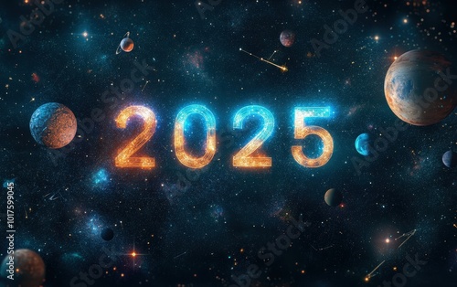 The numbers "2025" in a starry night sky texture on a dark background, surrounded by constellations and planets, evoking a sense of wonder and exploration 