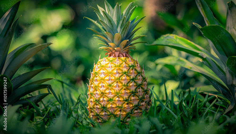 A vibrant pineapple stands prominently among lush green foliage, showcasing its tropical beauty and natural environment. A vibrant pineapple stands prominently among lush green foliage, showcasing its tropical beauty and natural environment.