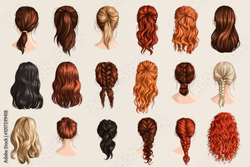 Various stylish and colorful hair accessories arranged neatly on a white table, perfect for creating fun and vibrant hairstyles for girls.