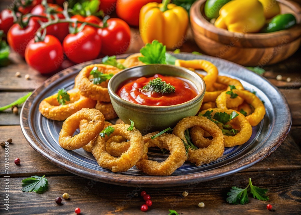Baked Squid Rings with Sweet Pepper Dip - Delicious Seafood Snack Photography Baked Squid Rings with Sweet Pepper Dip - Delicious Seafood Snack Photography