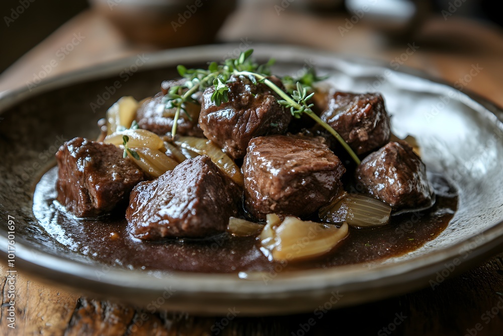 Close-up of a plate of flemish stew rich chunks of beef in a dark, thick sauce, served on a rustic table in an old kitchen, soft light highlighting the details of the caramelized onions and herbs Close-up of a plate of flemish stew rich chunks of beef in a dark, thick sauce, served on a rustic table in an old kitchen, soft light highlighting the details of the caramelized onions and herbs