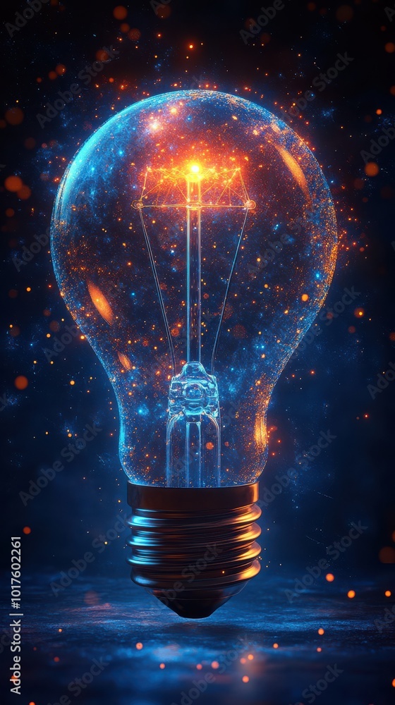 Digital illustration of a light bulb with luminous dots and lines on a blurred background Digital illustration of a light bulb with luminous dots and lines on a blurred background