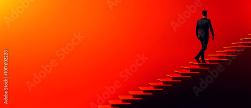 Silhouette of a man walking up a staircase against a vibrant orange gradient background.