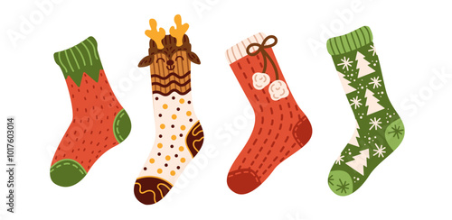 Christmas stockings hanging in row flat color vector objects set. Long socks with cute patterns prepared for gifts illustrations pack on white background