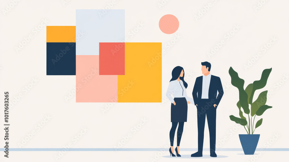 Fototapeta premium A man and woman in business attire stand before a colorful wall, engaged in conversation.