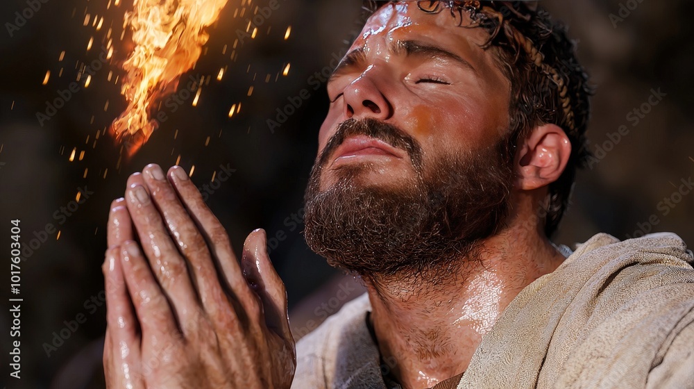 Man Praying with Fire Descending from Heaven Biblical Scene Faith ...