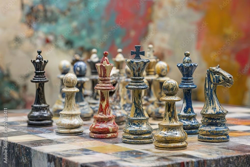 A Close-Up of Distinctive Chess Pieces on a Marble Board A Close-Up of Distinctive Chess Pieces on a Marble Board