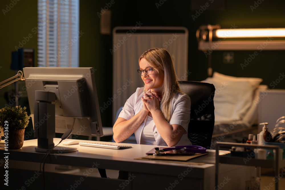 Seated with a folder, the doctor explores different treatment options on her computer, explaining them to the patient. Seated with a folder, the doctor explores different treatment options on her computer, explaining them to the patient.