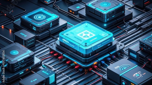 Background network technology scene showcasing interconnected devices, servers, and data centers. High-tech cables