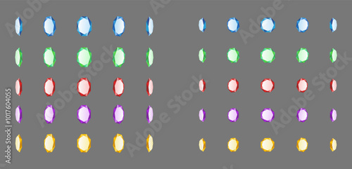 Gemstones of various colors in rotating pattern realistic vector illustration set. Colorful gems sparkle 3d models on grey background