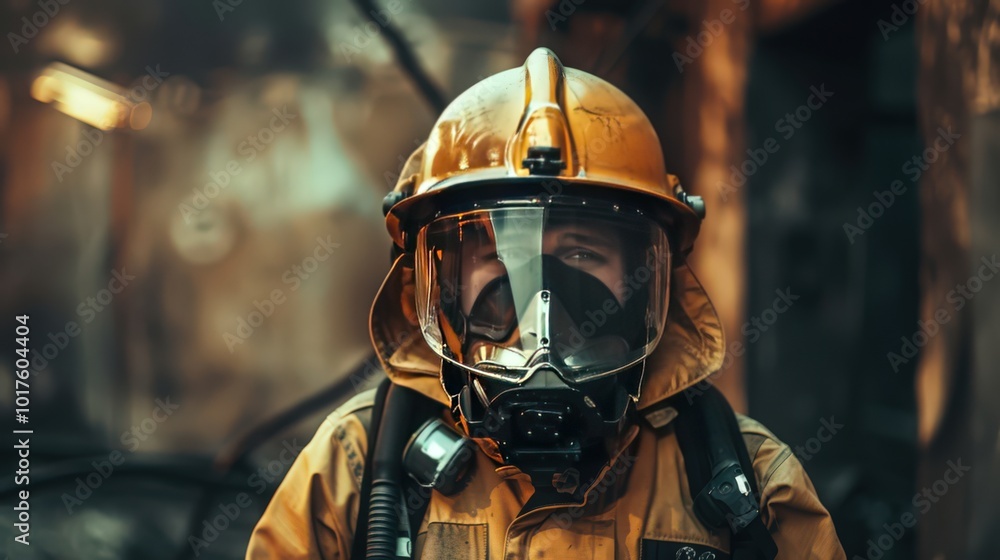 Detailed view of a fire-resistant suit and helmet, highlighting their features for protecting against extreme heat Detailed view of a fire-resistant suit and helmet, highlighting their features for protecting against extreme heat