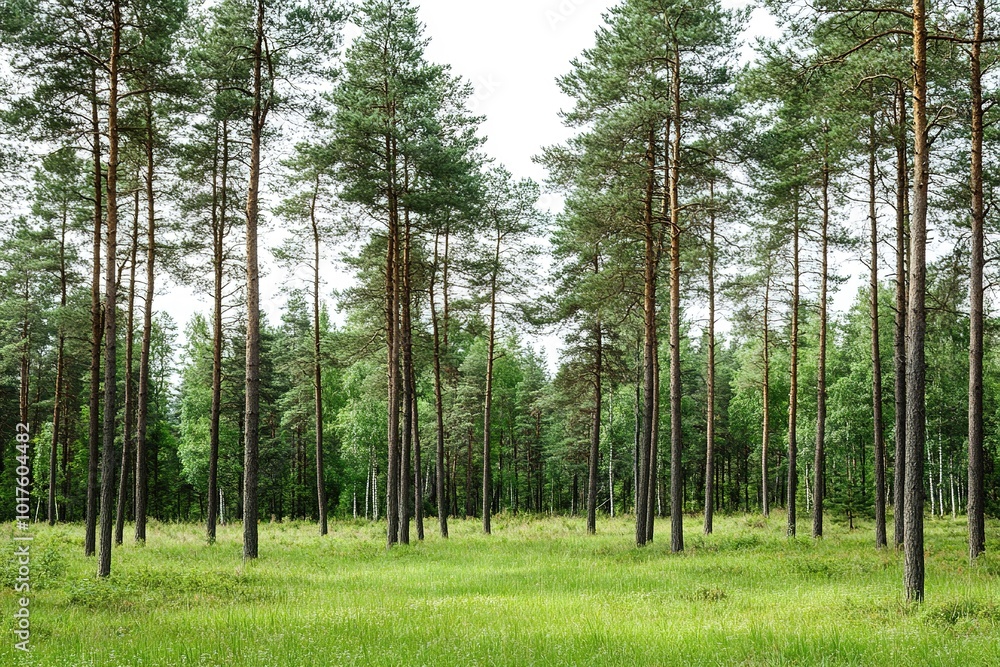 Obraz premium Pine forest clearing, serene nature scene.