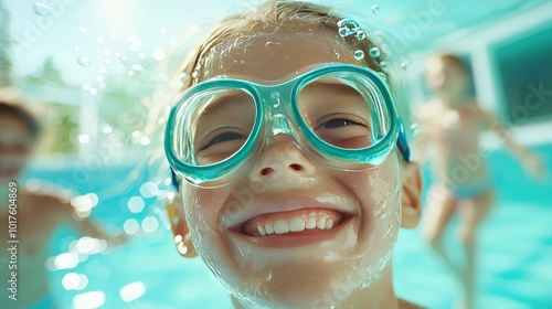 Happy Child Wearing Swimming Goggles in Pool with Bubbles