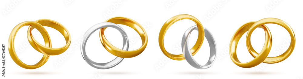 White and yellow gold wedding couple jewelry rings. Realistic 3d vector illustration set of two golden and silver marriage jewel elements united together. Pair of bride and groom engagement bands. White and yellow gold wedding couple jewelry rings. Realistic 3d vector illustration set of two golden and silver marriage jewel elements united together. Pair of bride and groom engagement bands.