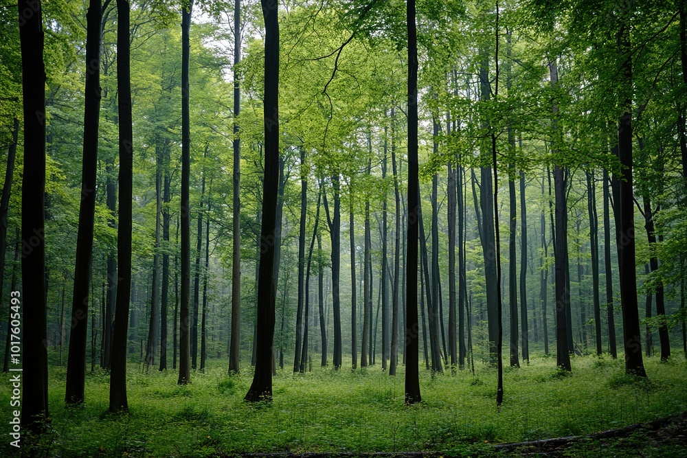 Misty forest with lush green trees and serene ambiance Misty forest with lush green trees and serene ambiance