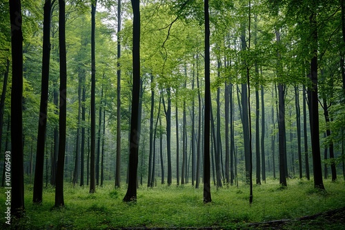 Misty forest with lush green trees and serene ambiance