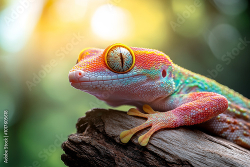 A detailed photograph of a pet gecko clinging to a branch, its textured skin and bright colors highlighted against a natural backdrop with soft sunlight.