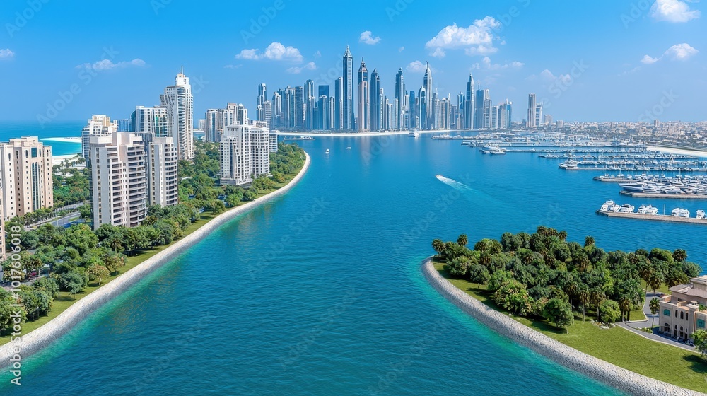 Fototapeta premium Dubai Skyline Waterfront Cityscape Skyscrapers Marina Luxury Buildings Beach Palm T