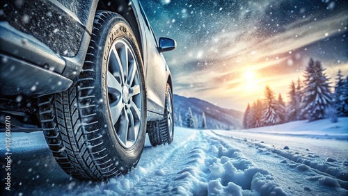 Closeup of Car Wheel in Snowy Conditions - Winter Driving Safety Awareness