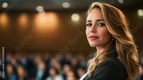 A female executive leading a presentation at a corporate event, addressing a large audience with confidence and authority.