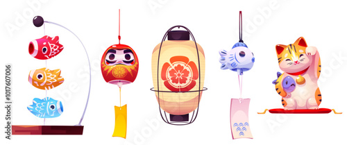 Japanese new year traditional elements - cartoon vector set of decoration pendant daruma doll and fish with ornament hanging charm, paper lantern and koinobori, lucky maneko neko cat with waving paw. photo