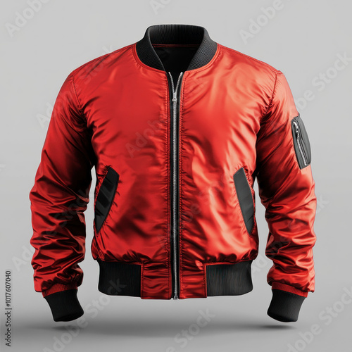 Red bomber jacket with black zippers and a black zipper.