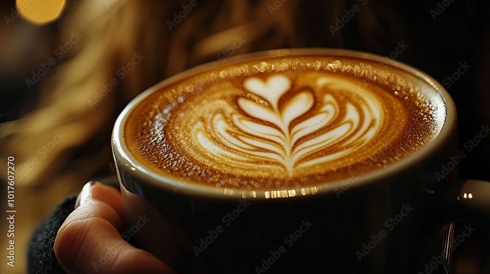Close-up of a Latte with Intricate Foamed Art in a Mug Close-up of a Latte with Intricate Foamed Art in a Mug